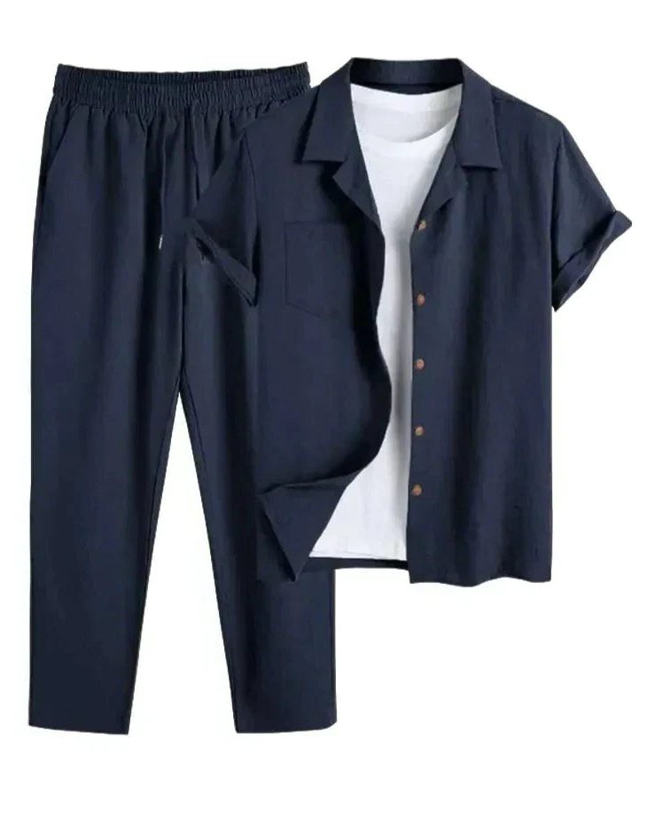 Linen Short Sleeve Shirt and Straight Leg Trousers Set for Men - Dark Blue