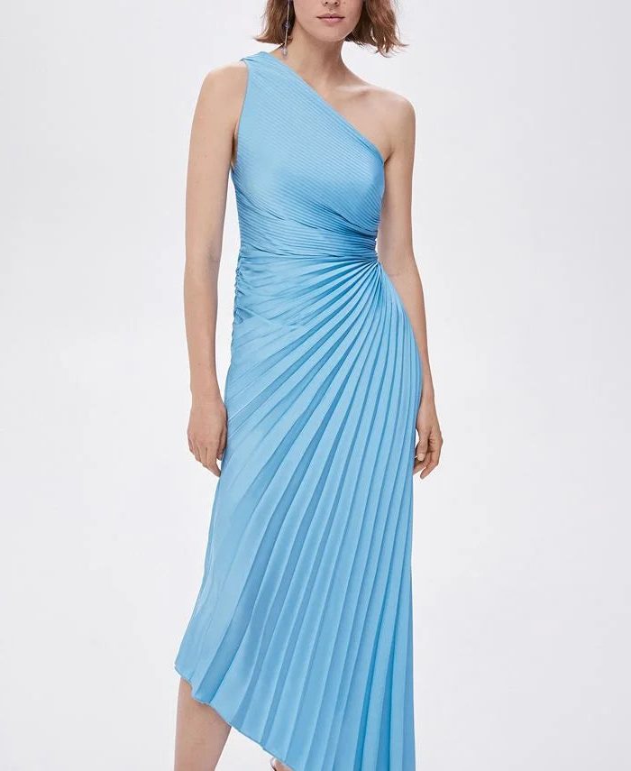 Halterneck Wedding Guest Pleated Maxi Dress for Women - Light Blue