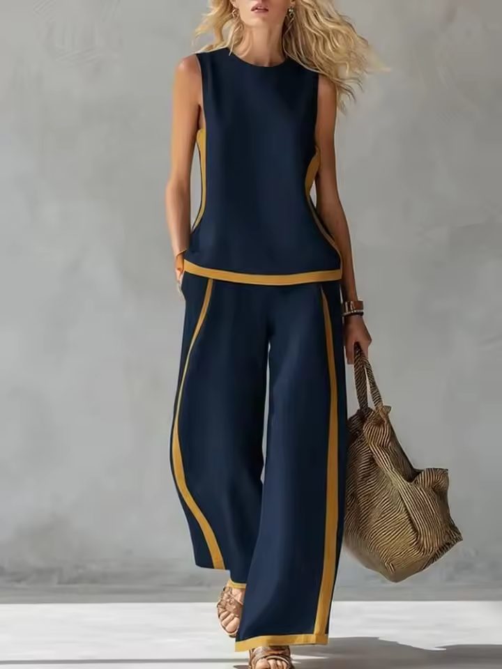 Sleeveless Wide Leg Linen Set for Women - Navy