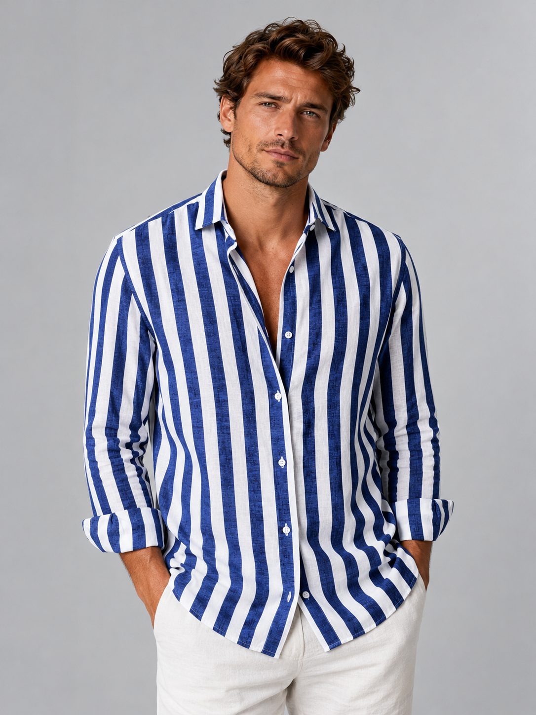 Striped Linen Look Button-Down Shirt for Men