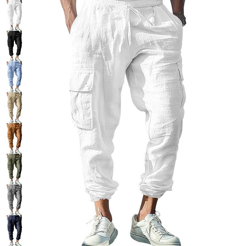 Linen Cargo Joggers with Drawstring for Men - White