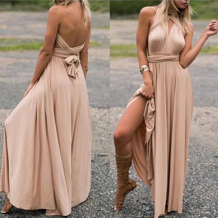 Halter Neck Wedding Guest Maxi Dress for Women - Khaki