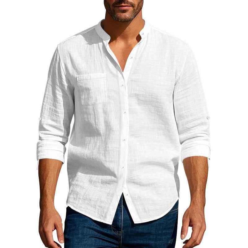 Linen Long Sleeve Shirt with Breast Pocket for Men - White