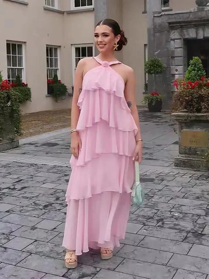 Halterneck Tiered Wedding Guest Maxi Dress for Women - Pink