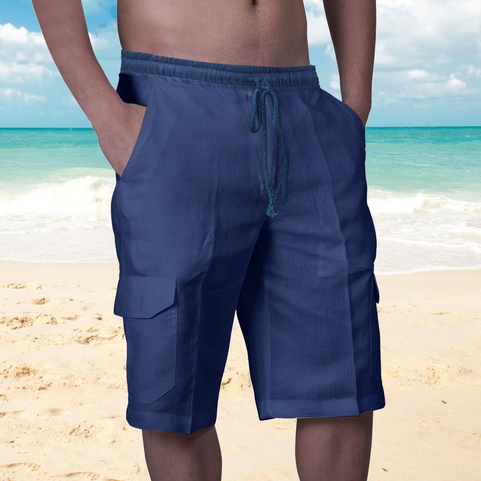 Linen Cargo Shorts with Welt Pockets for Men