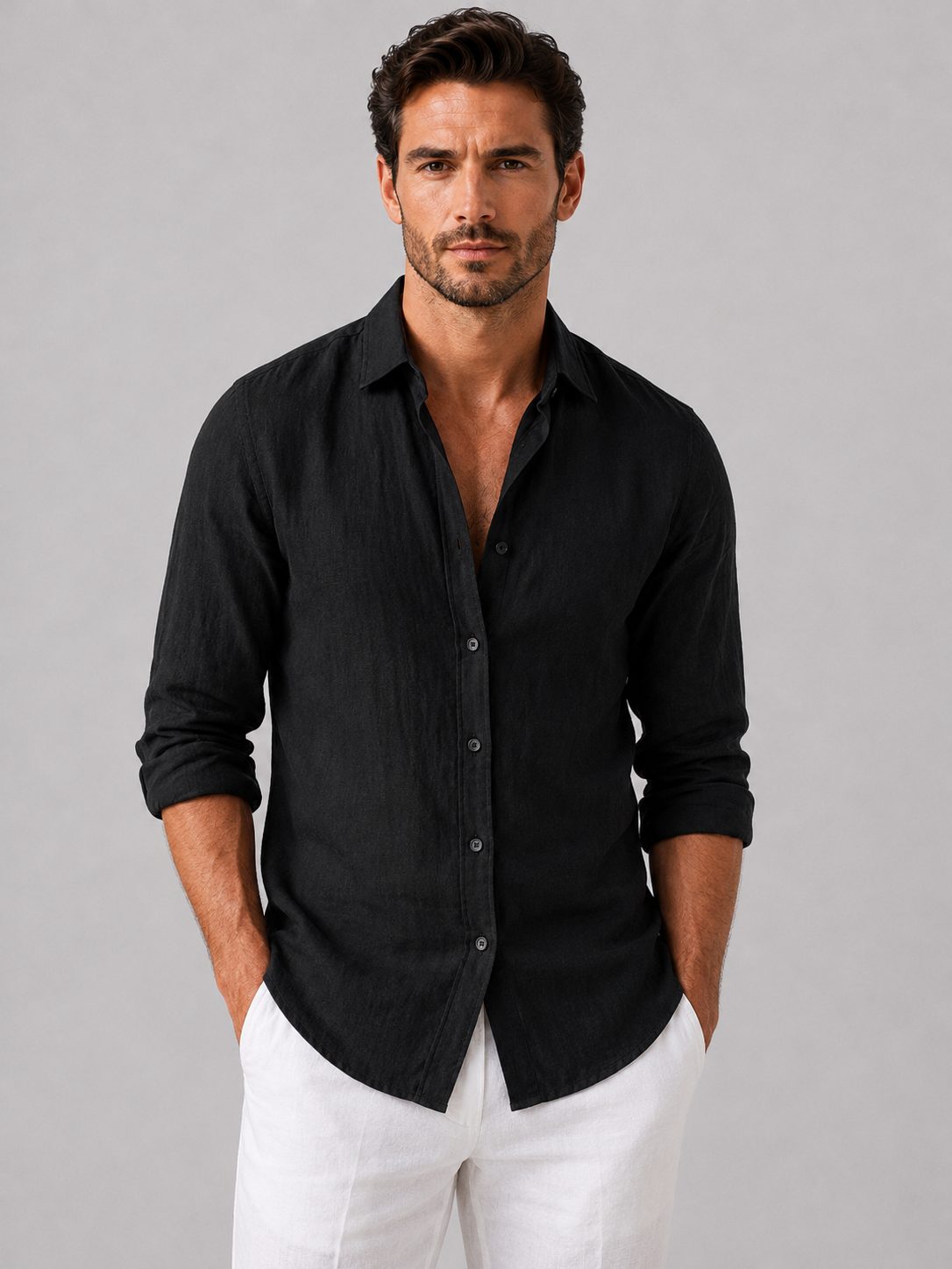 Linen Look Relaxed Fit Button-Up Shirt for Men - Black
