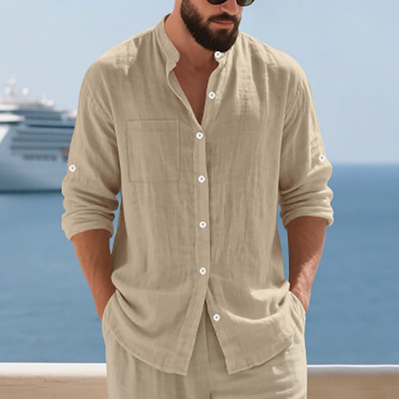 Linen Button-Down Shirt with Chest Pockets for Men - View 4