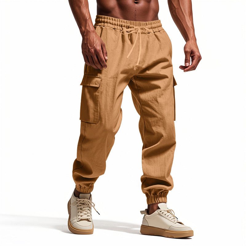 Linen Cargo Joggers with Tapered Ankle for Men - Ochre
