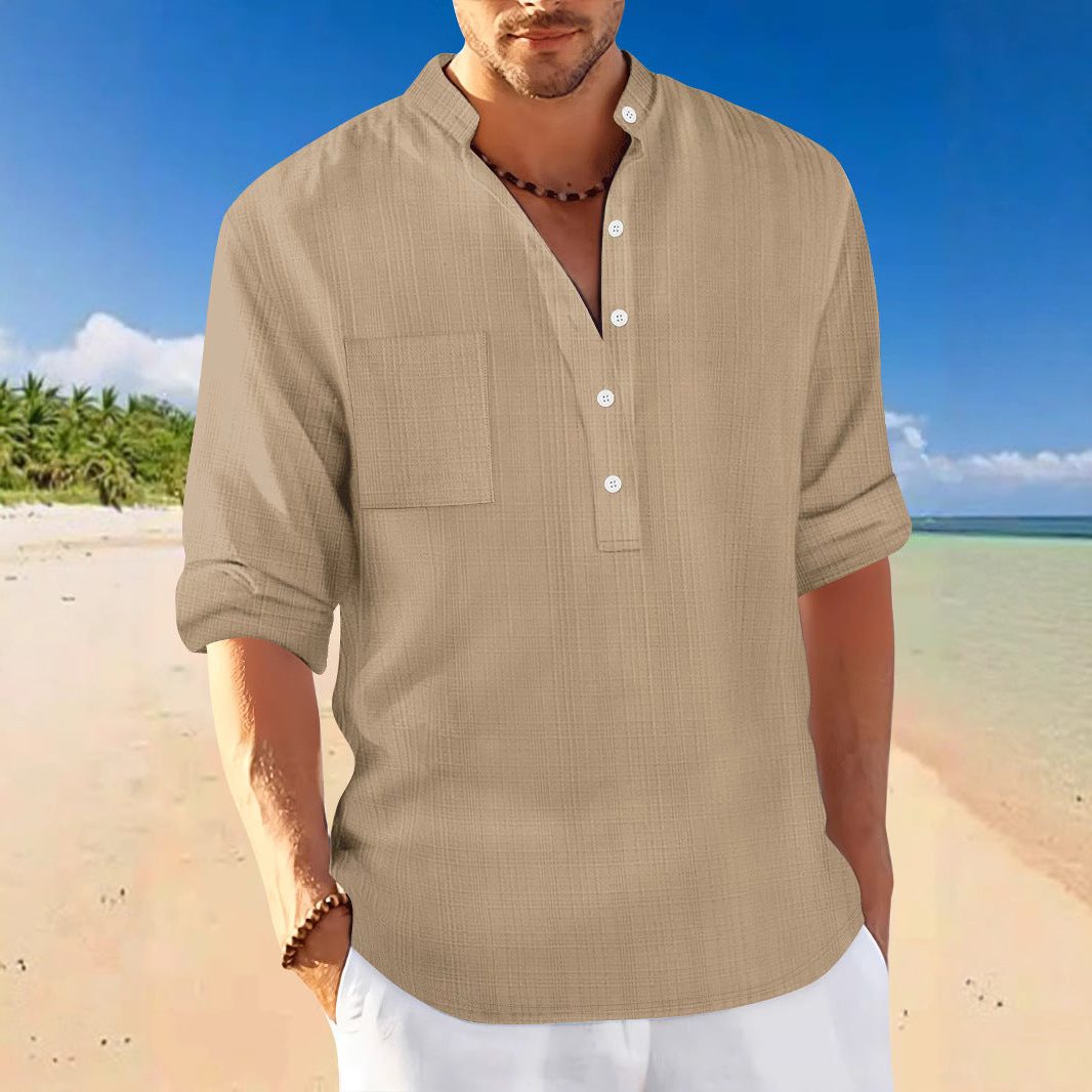 Linen Stand Collar Short Sleeve Shirt for Men - View 4