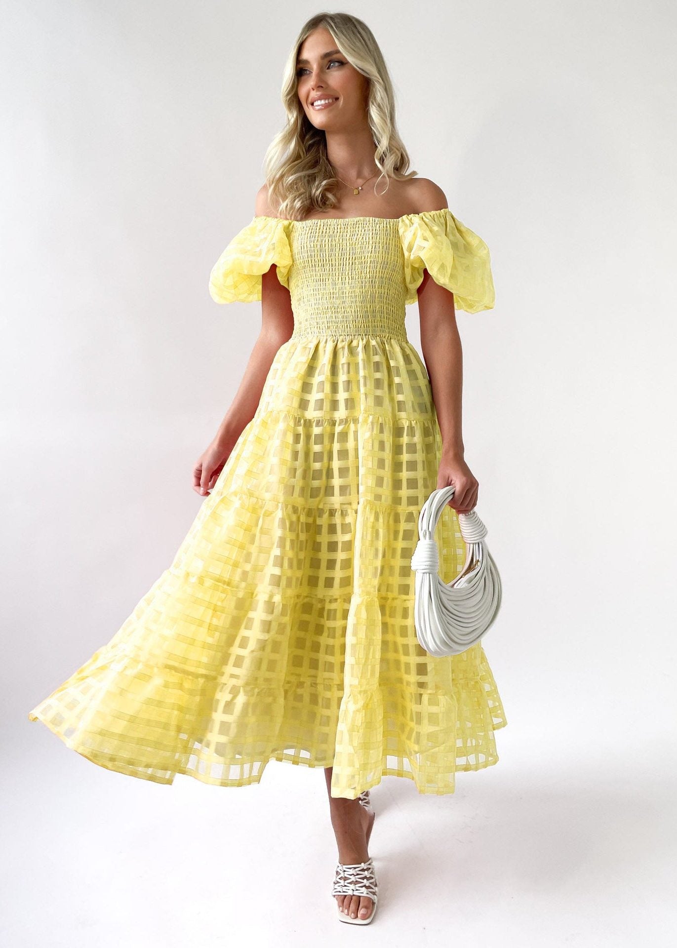 Puff Sleeve A-Line Wedding Guest Maxi Dress for Women - Light yellow