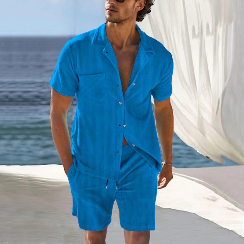 Linen Short Sleeve Cuban Collar Shirt and Bermuda Shorts Set for Men - Blue
