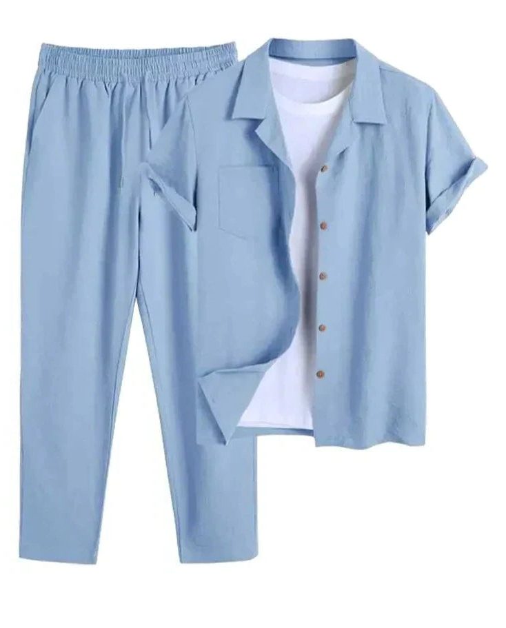 Linen Short Sleeve Shirt and Straight Leg Trousers Set for Men - Blue