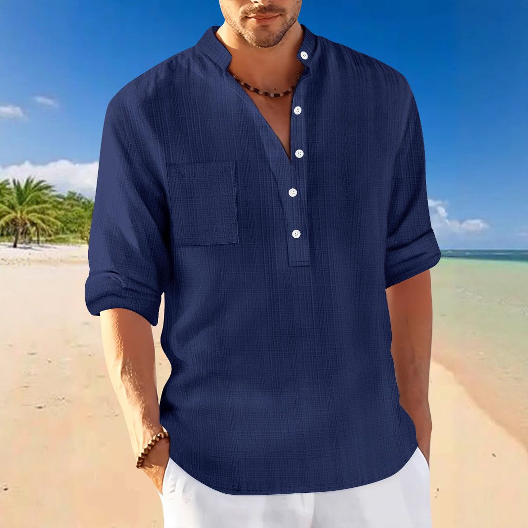 Linen Stand Collar Short Sleeve Shirt for Men - View 5