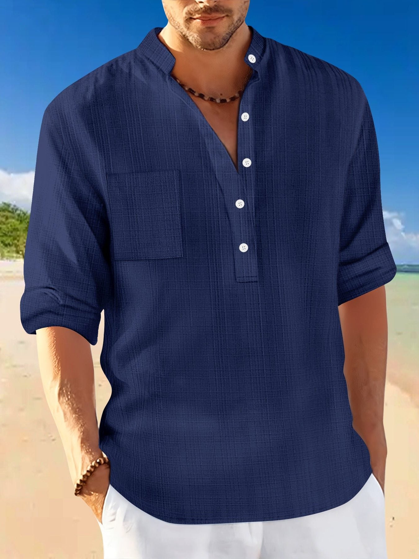 Linen Stand Collar Short Sleeve Shirt for Men - Navy