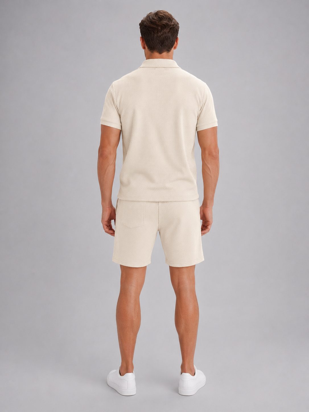 Ribbed Knit Zip Polo Shorts Set for Men - View 4