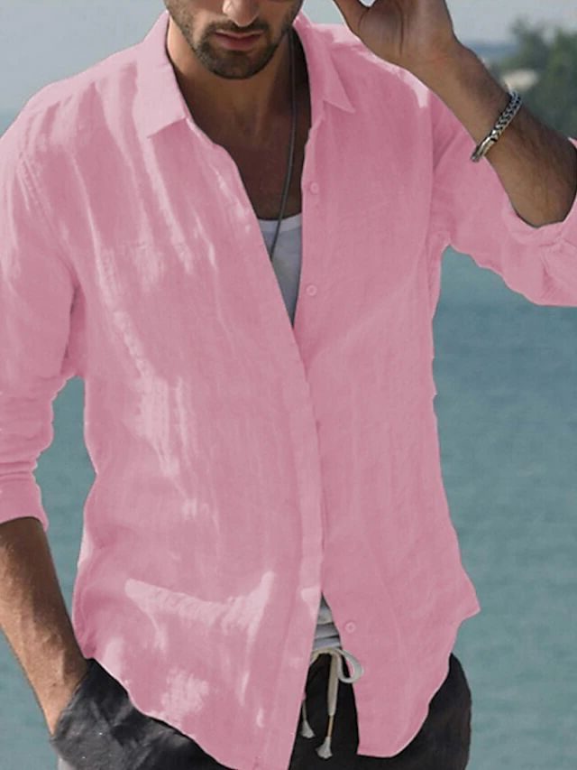 Linen Revere Collar Shirt for Men - Pink