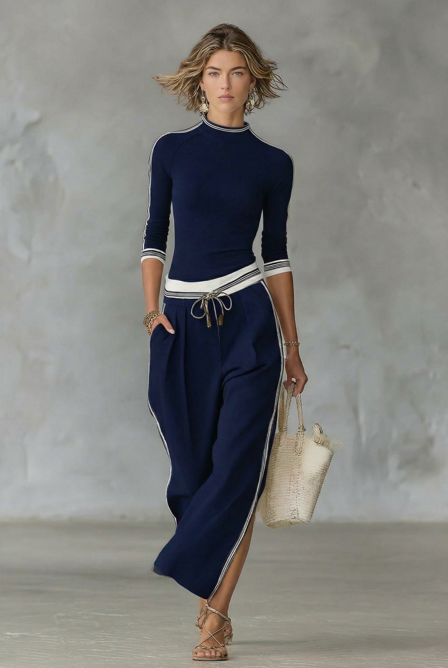 Wide Leg Crew Neck Three-Quarter Sleeve Set for Women - Navy