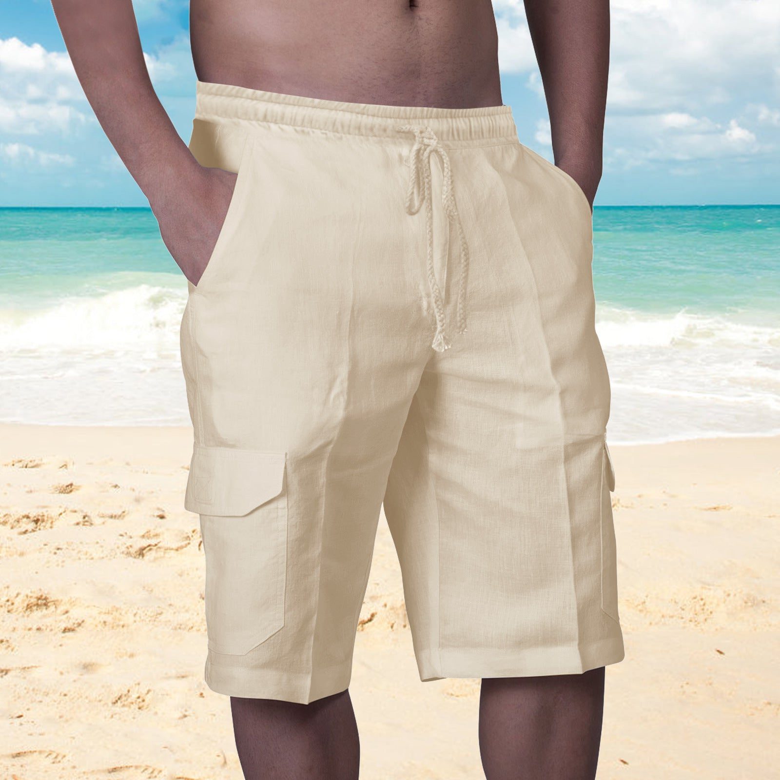 Linen Cargo Shorts with Welt Pockets for Men - Khaki