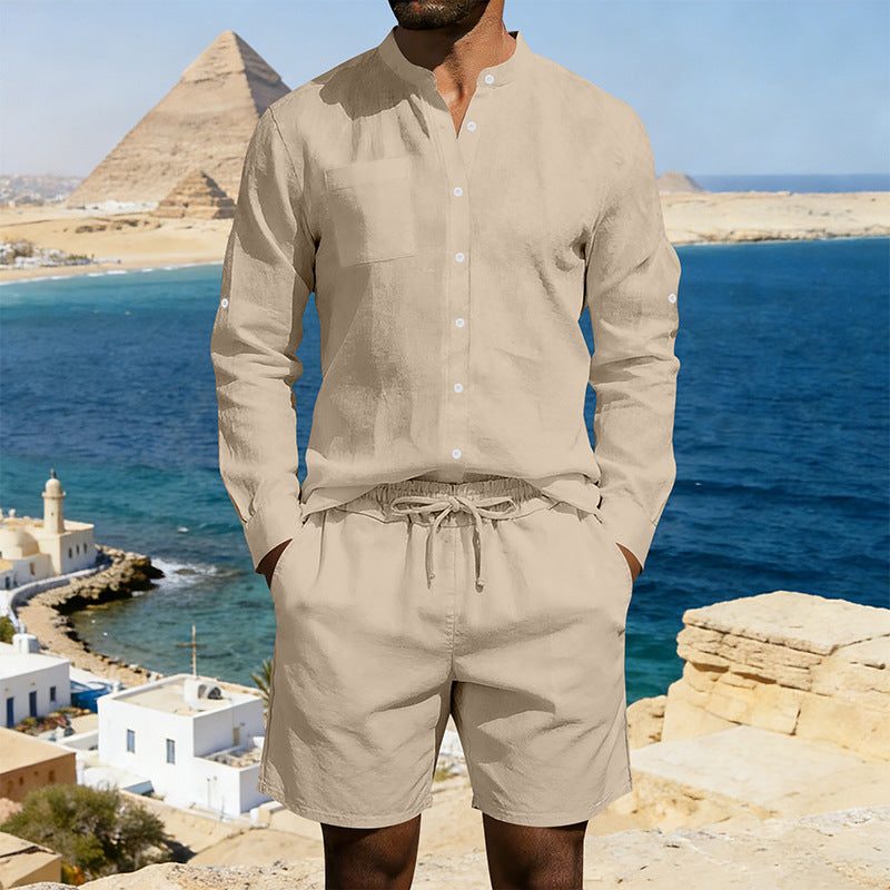 Linen Stand Collar Shirt and Drawstring Shorts Set for Men - Khaki