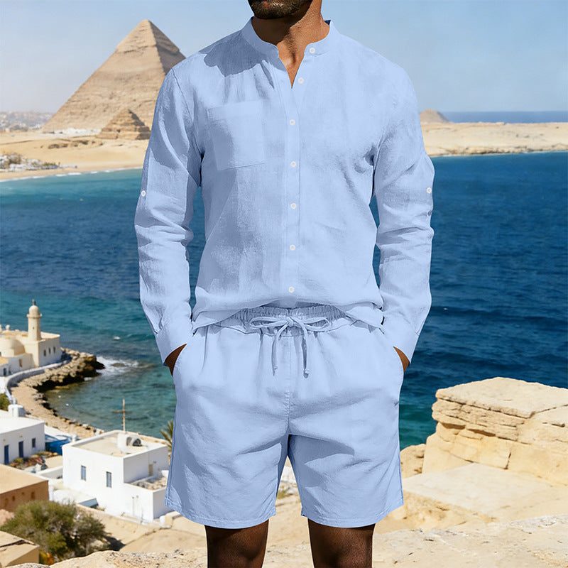 Linen Stand Collar Shirt and Drawstring Shorts Set for Men - Light Blue