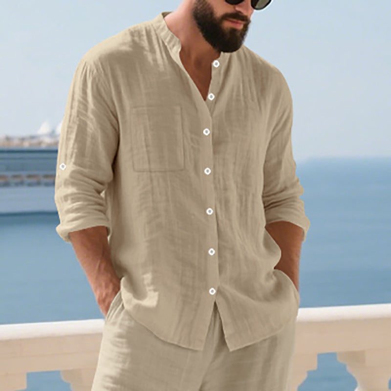 Linen Button-Down Shirt with Chest Pockets for Men - Khaki