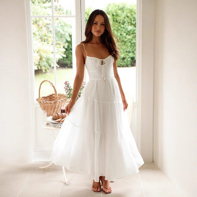 Tiered Spaghetti Strap Wedding Guest Maxi Dress for Women - White