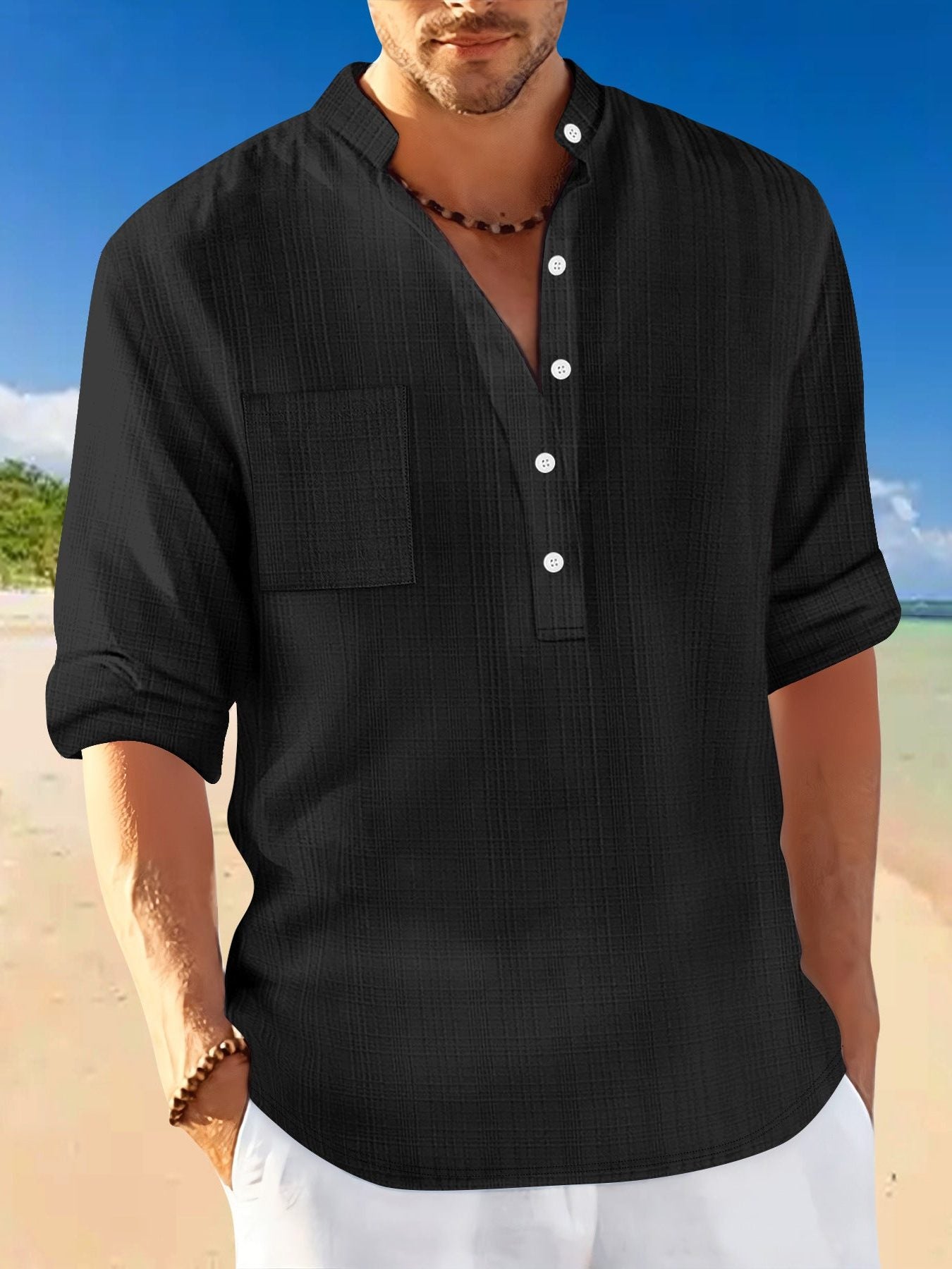 Linen Stand Collar Short Sleeve Shirt for Men - Black