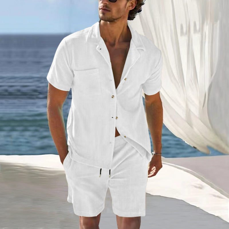Linen Short Sleeve Cuban Collar Shirt and Bermuda Shorts Set for Men