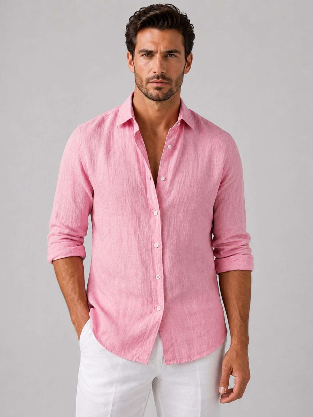 Linen Look Relaxed Fit Button-Up Shirt for Men - Pink