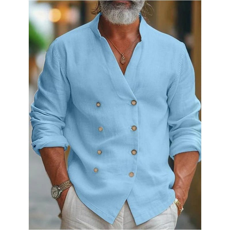 Double-Breasted Linen Shirt with Stand Collar for Men - View 2