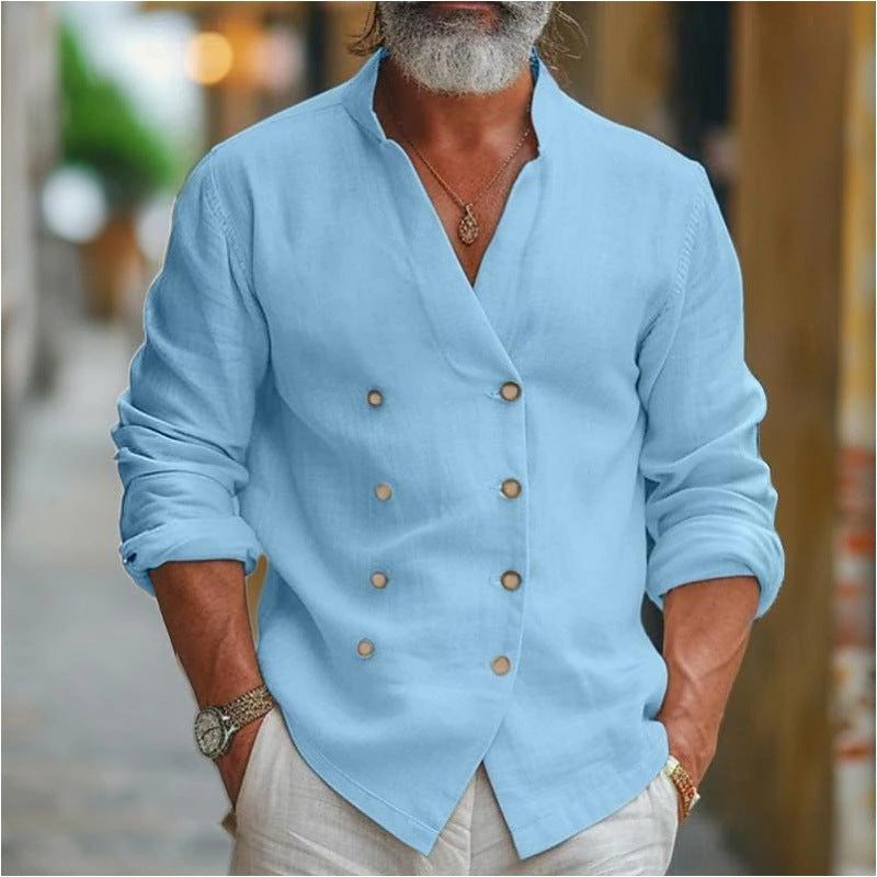 Double-Breasted Linen Shirt with Stand Collar for Men - Blue