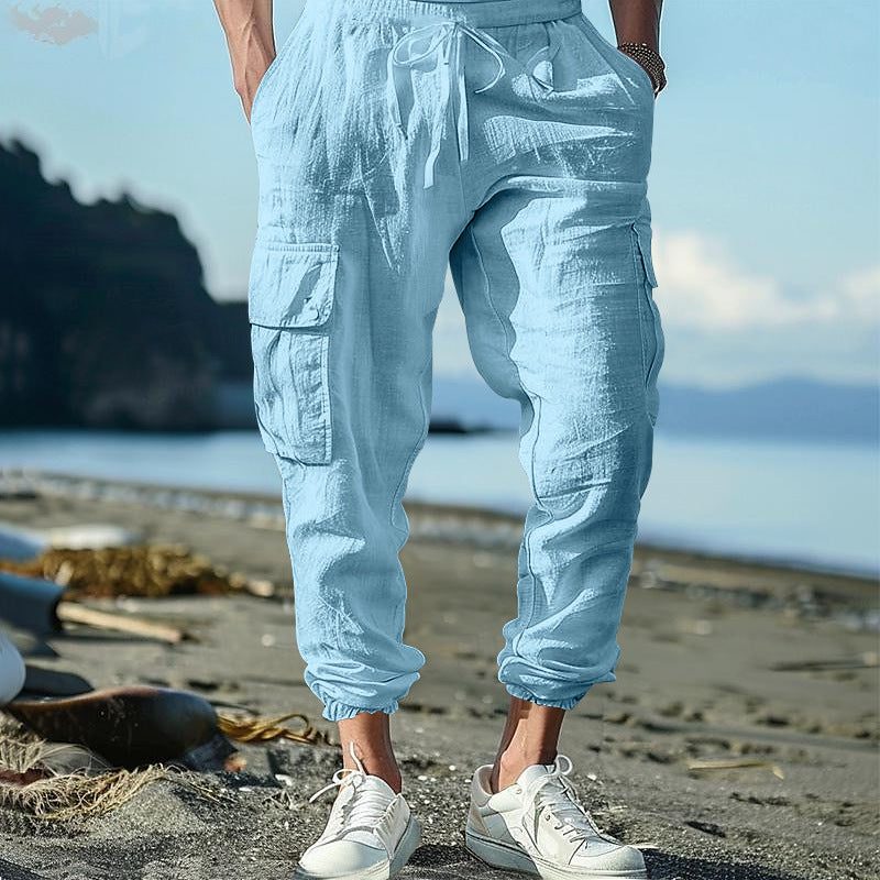 Linen Cargo Joggers with Drawstring for Men - Light Blue