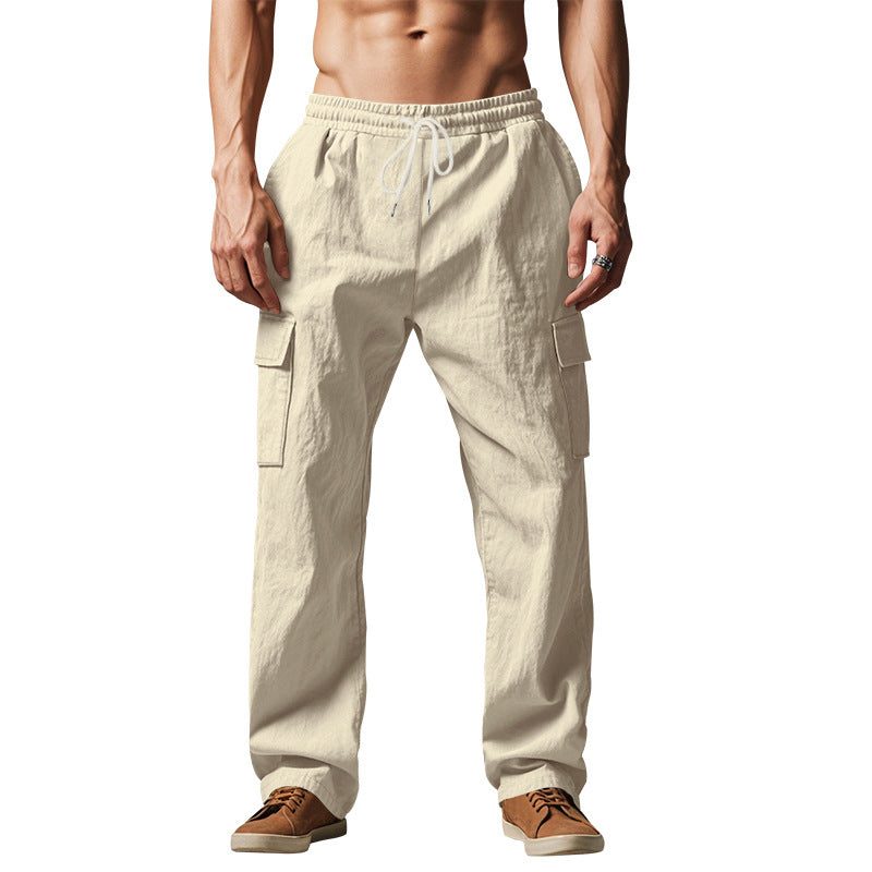 Linen Cargo Trousers with Side Pockets for Men - Khaki