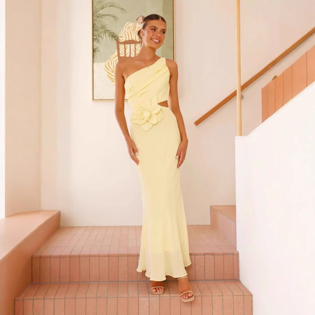 One-Shoulder Wedding Guest Maxi Dress with Floral Detail for Women - View 4
