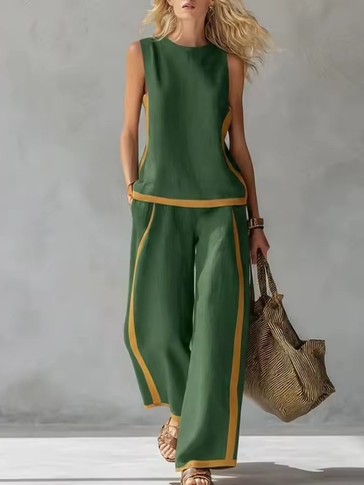 Sleeveless Wide Leg Linen Set for Women - Green