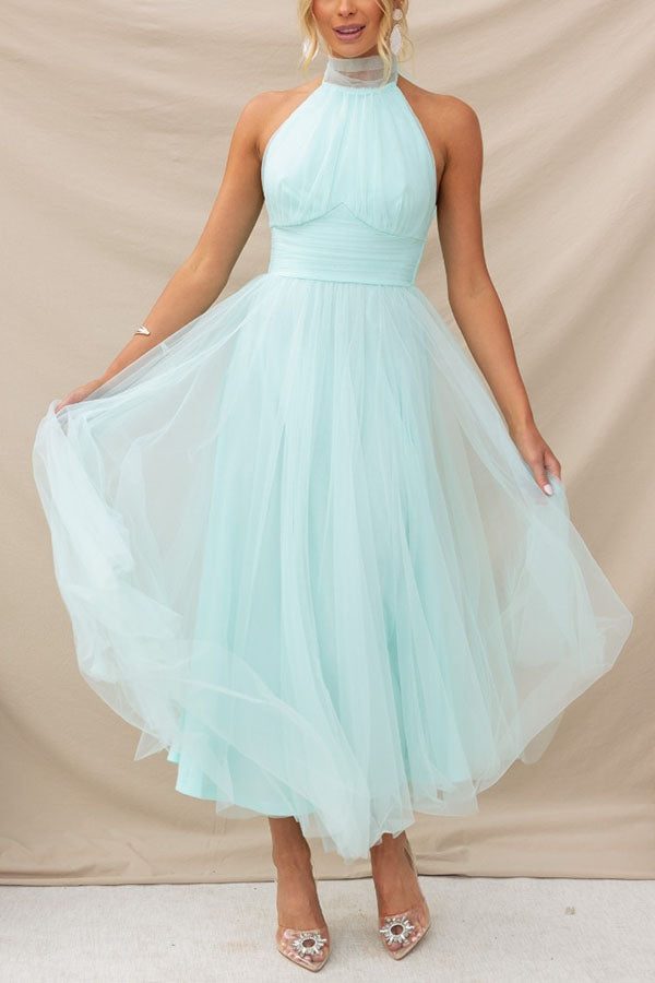 Halterneck Wedding Guest Tulle Maxi Dress for Women