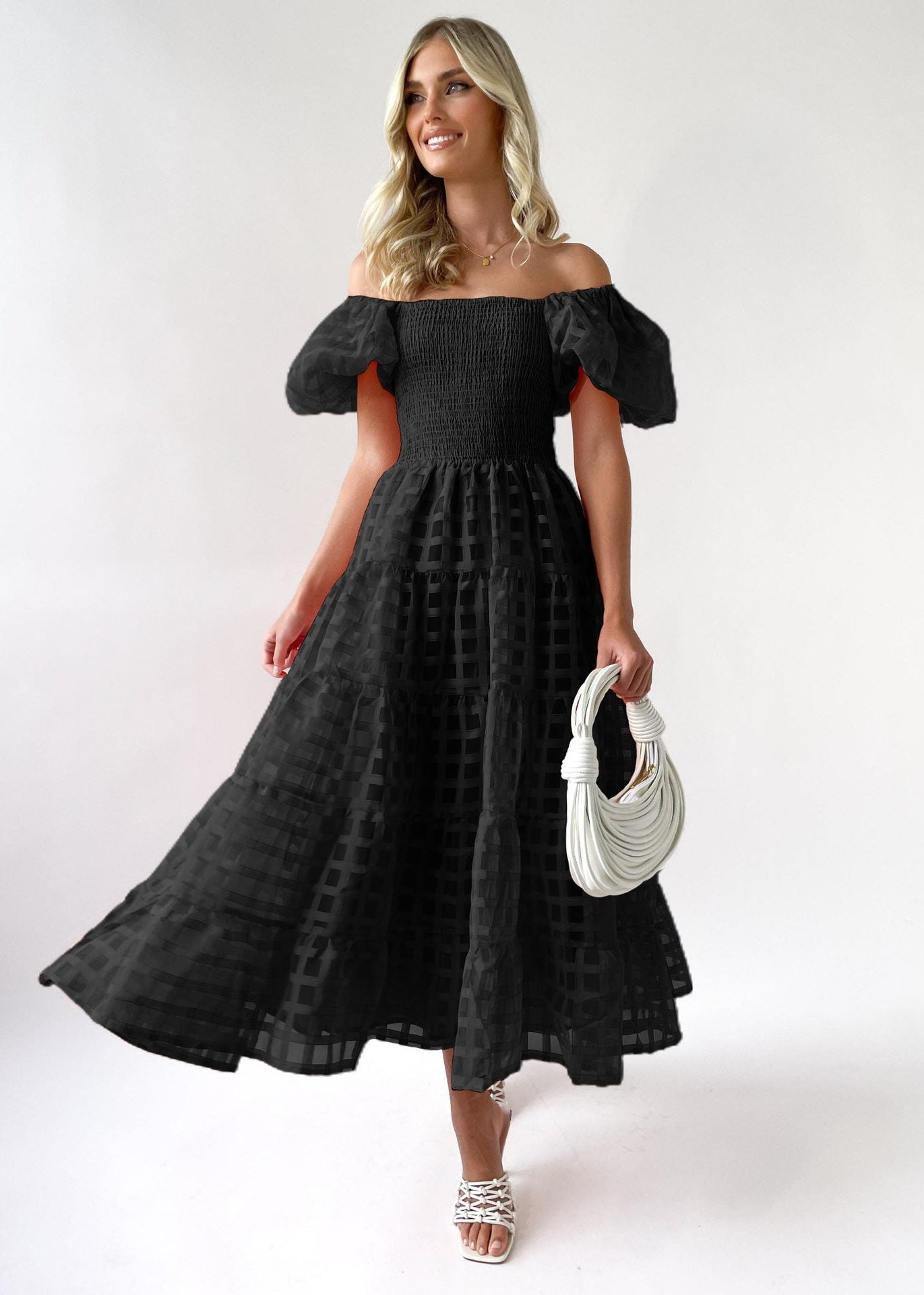 Puff Sleeve A-Line Wedding Guest Maxi Dress for Women - Black