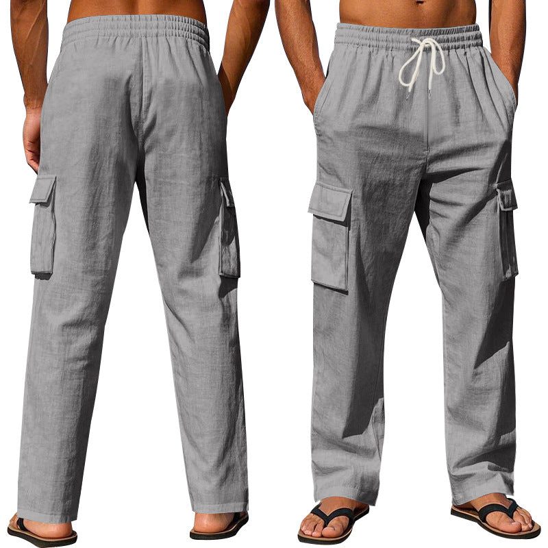 Linen Cargo Trousers with Side Pockets for Men - View 3