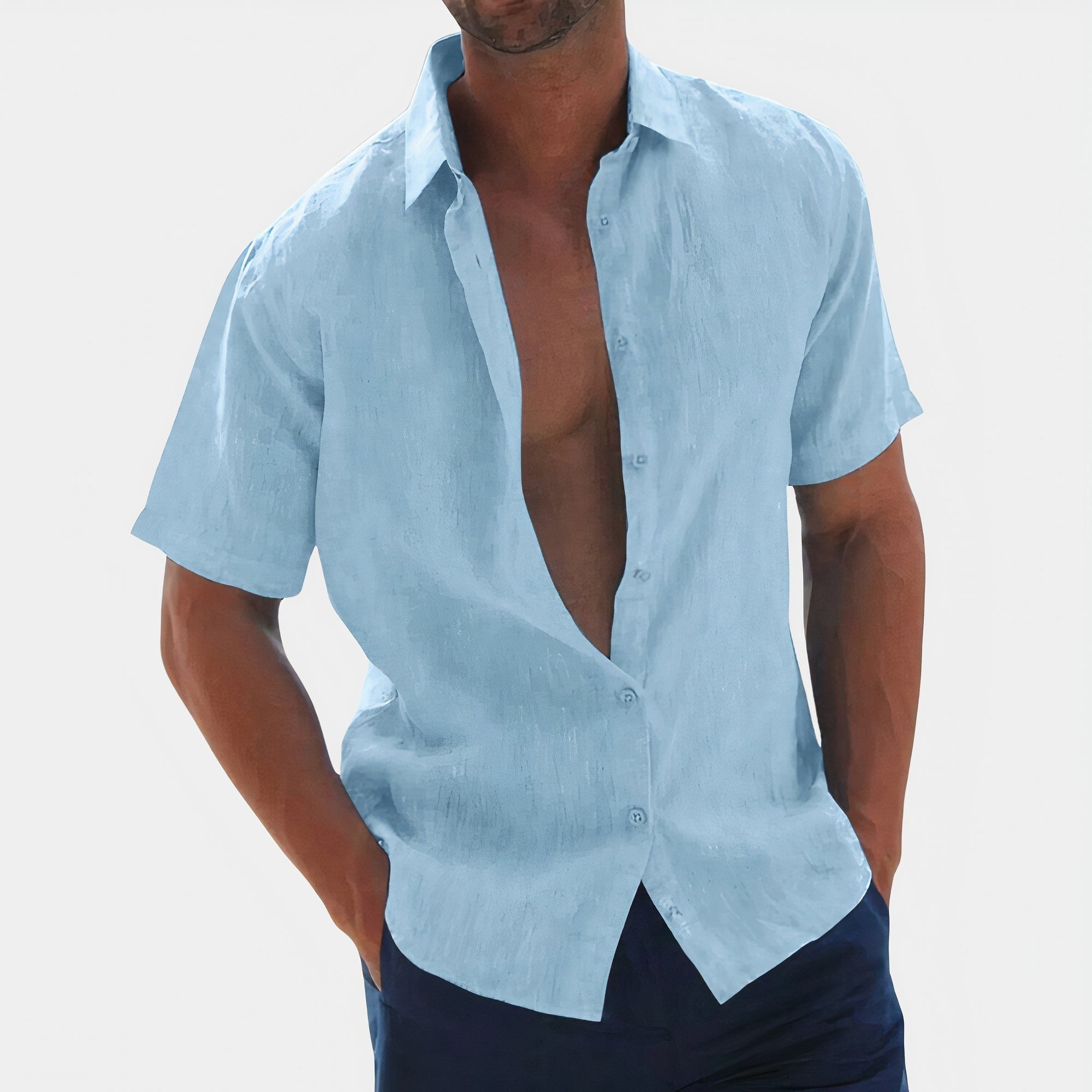 Short-Sleeve Linen Button-Down Shirt for Men - Sky Blue