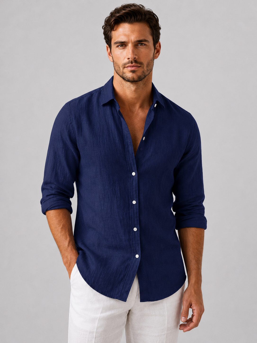 Linen Look Relaxed Fit Button-Up Shirt for Men - Navy