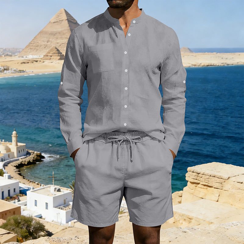Linen Stand Collar Shirt and Drawstring Shorts Set for Men - Dark Grey