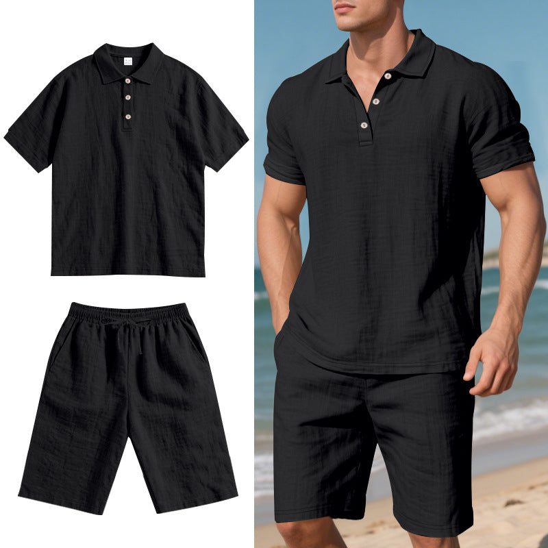 Linen Polo Shirt and Shorts Set for Men - Black