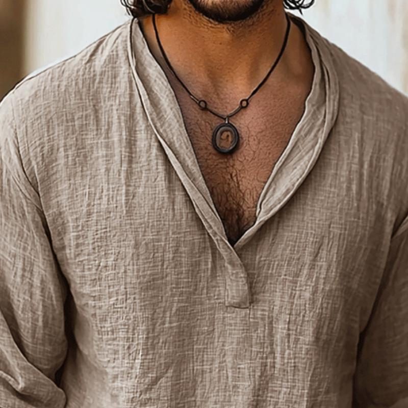 Cotton-Linen Henley Long Sleeve Shirt for Men - View 3