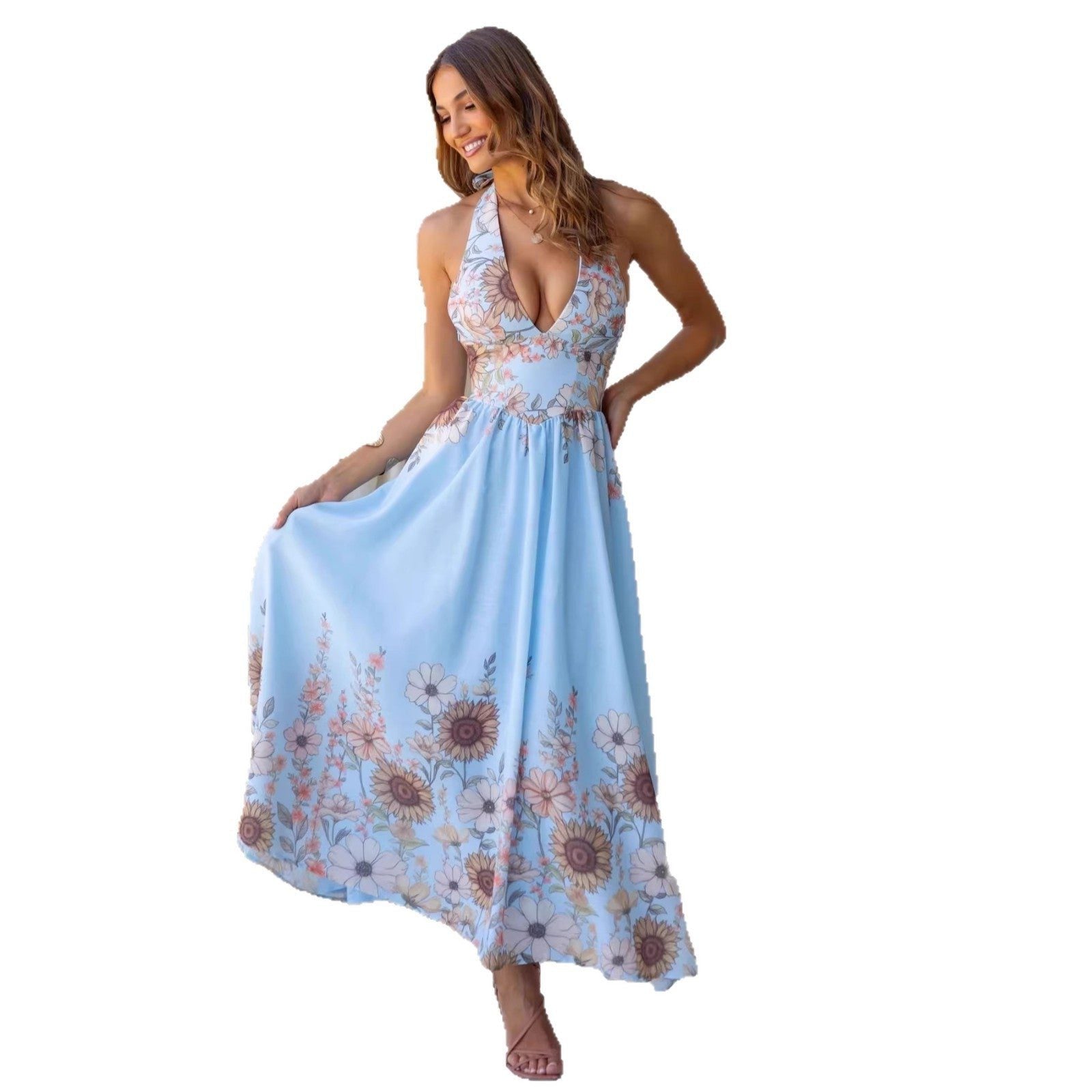 Deep V-Neck Wedding Guest Maxi Dress with Floral Print for Women - View 5
