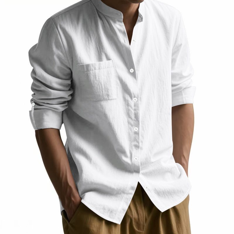 Linen Long Sleeve Shirt with Breast Pocket for Men