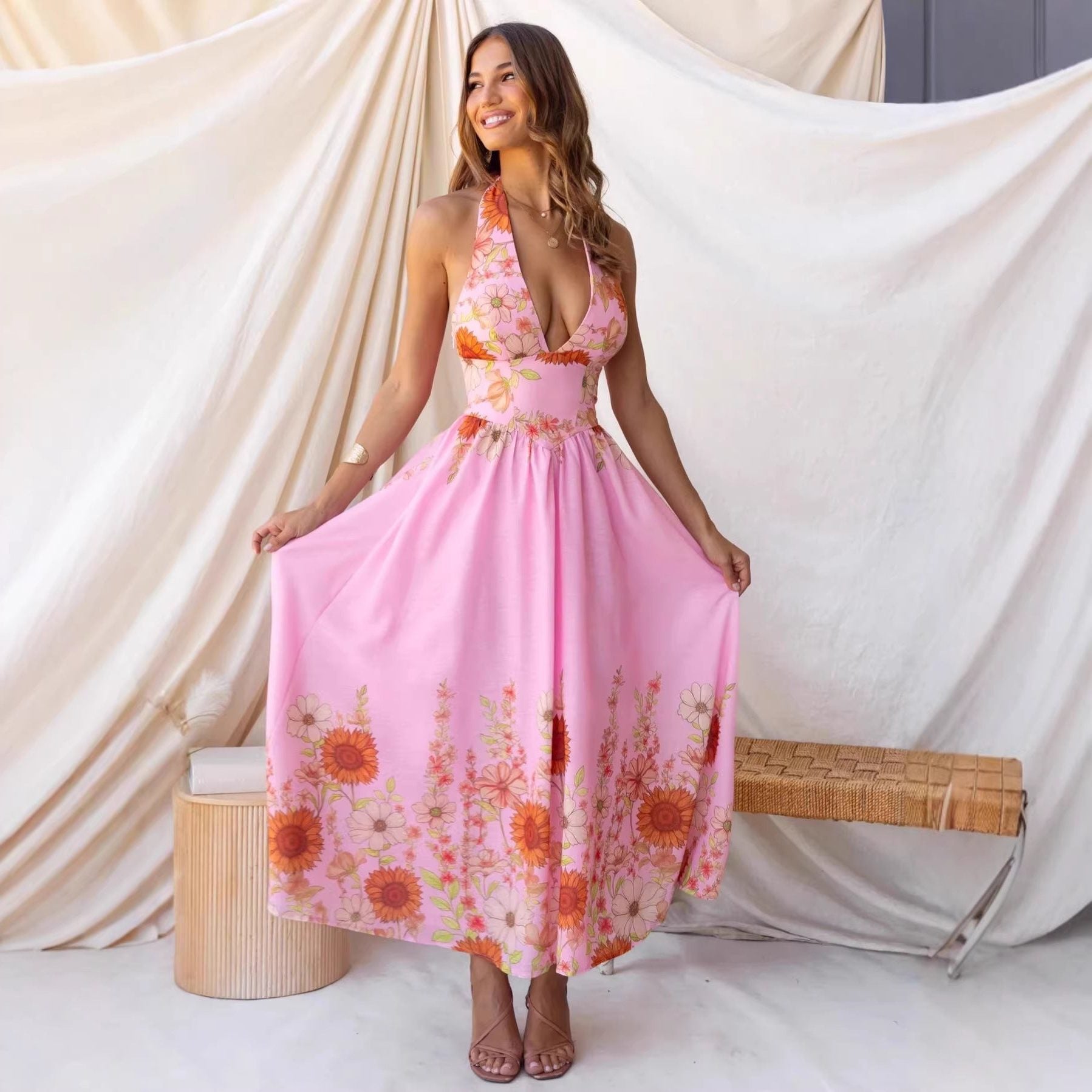 Deep V-Neck Wedding Guest Maxi Dress with Floral Print for Women - View 4