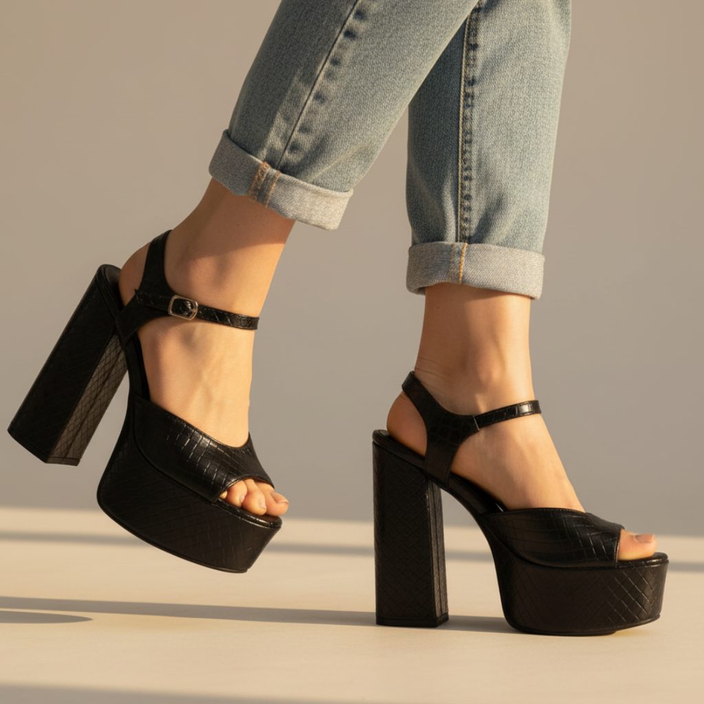Platform Chunky Heel Ankle Strap Sandals for Women - Black