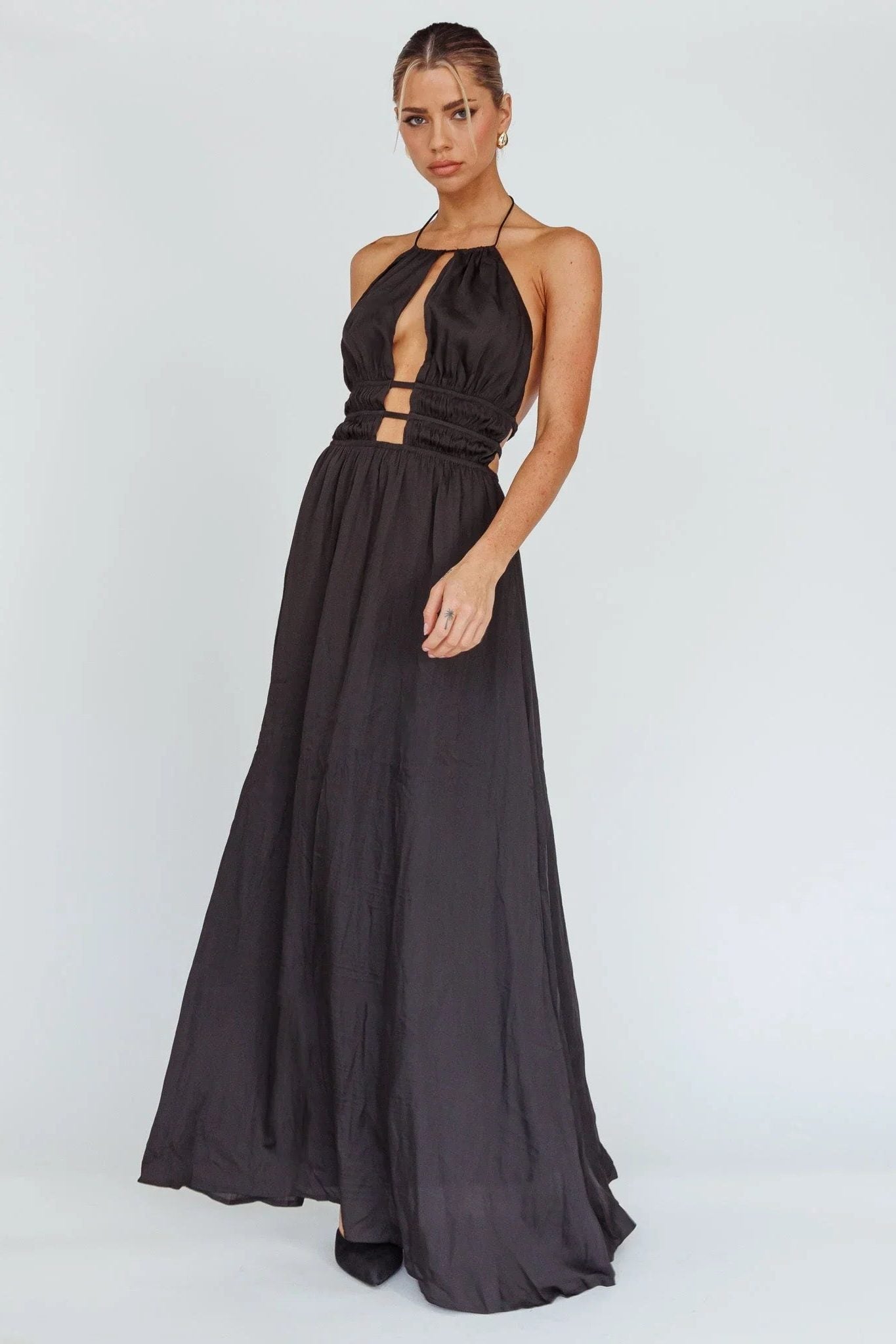 Halter Neck Cut-Out Wedding Guest Maxi Dress for Women - Black