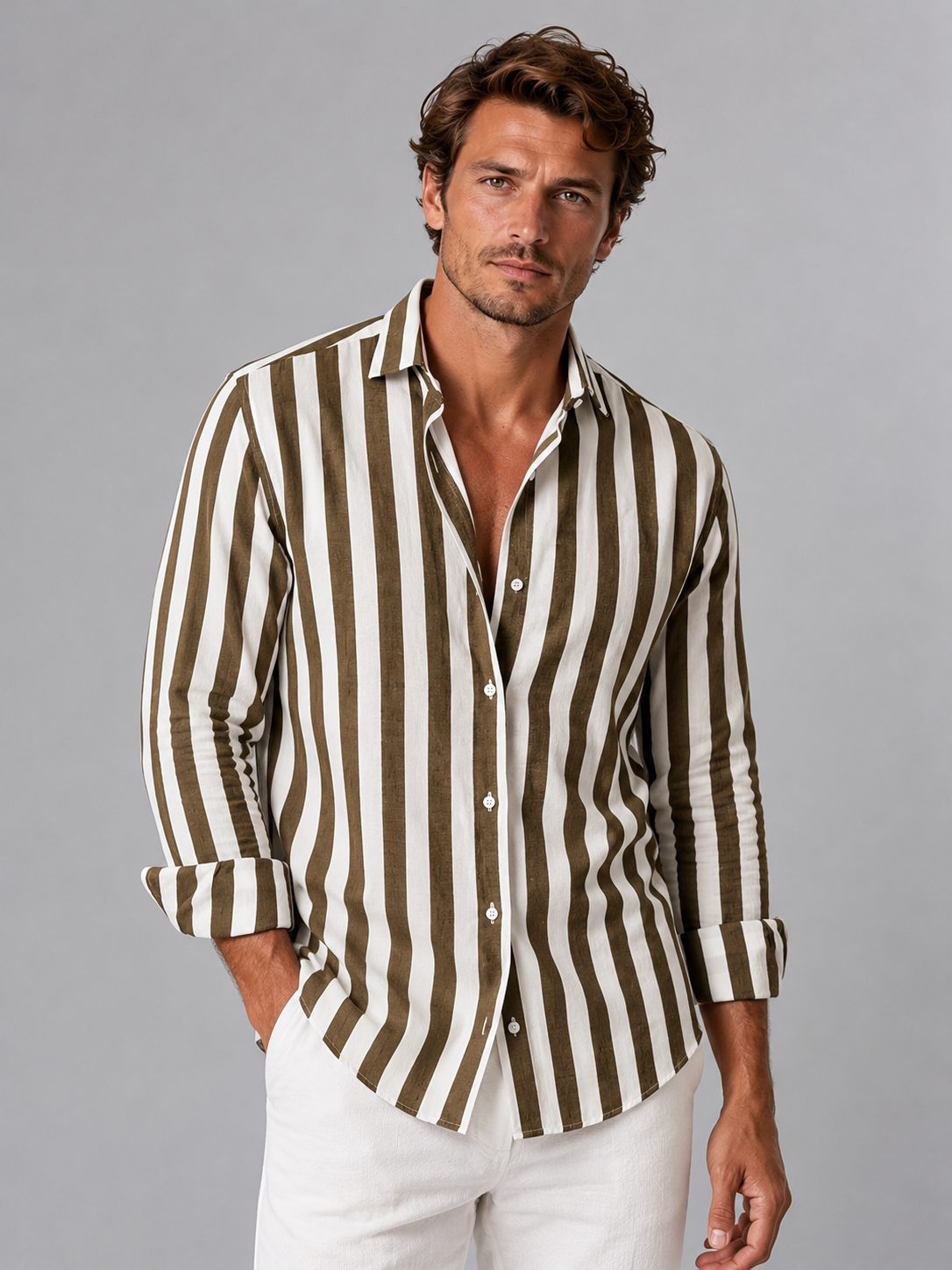Striped Linen Look Button-Down Shirt for Men - Brown