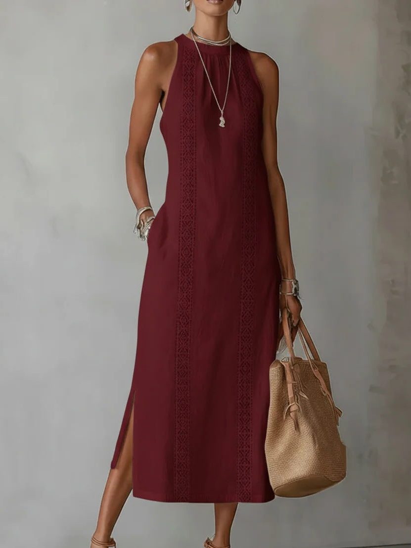Lace Appliqué Wedding Guest Maxi Dress with Side Slit for Women - Red